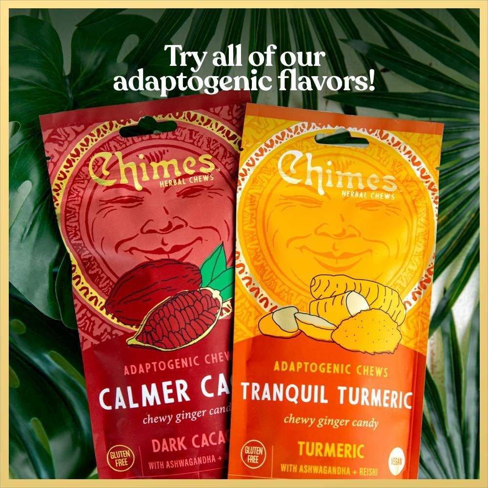 Chimes chocolate ginger candy pieces next to raw ginger and cacao beans