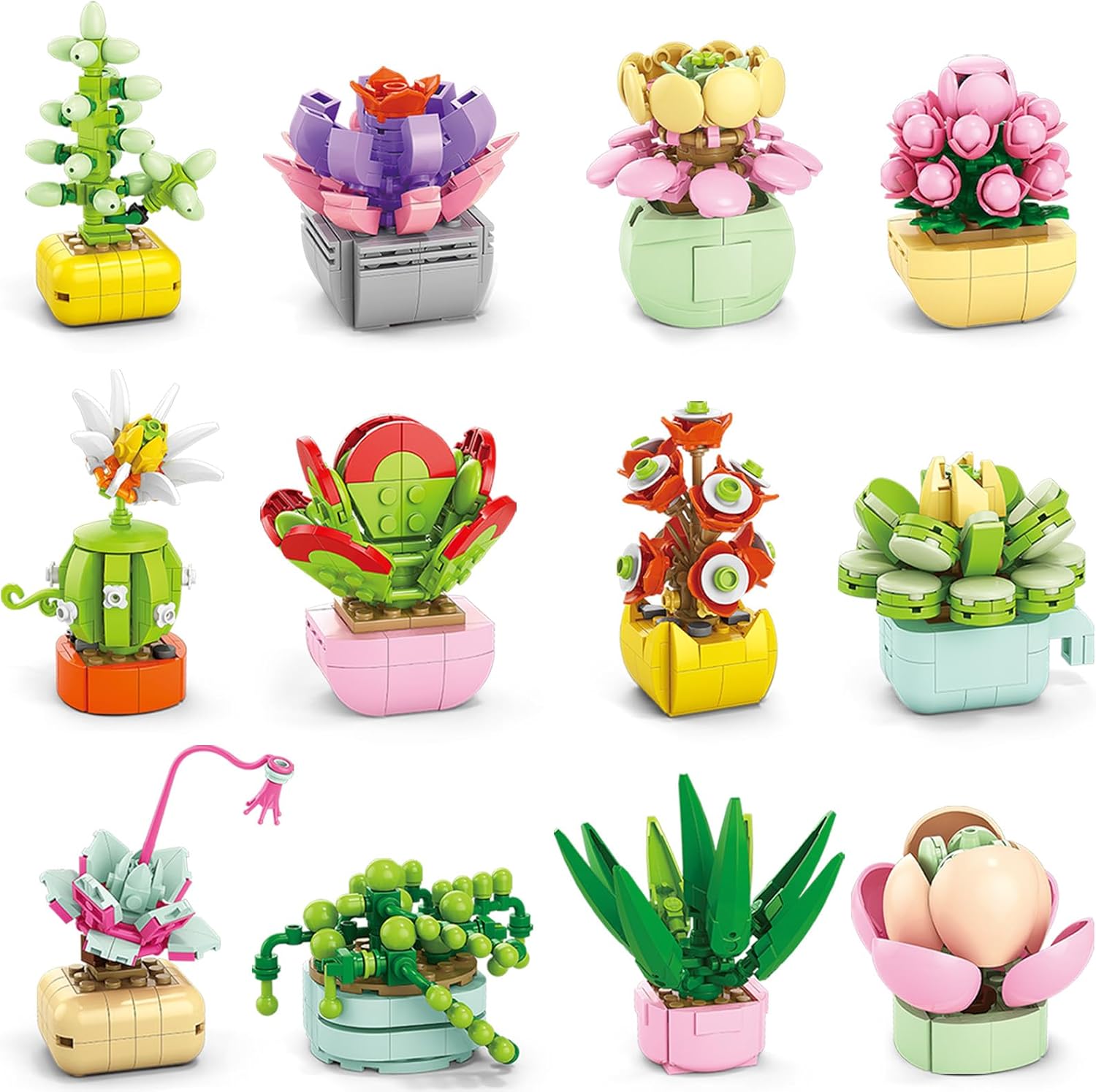 Qinline Succulents Plants Building Blocks front view of multiple assembled miniature potted flower models