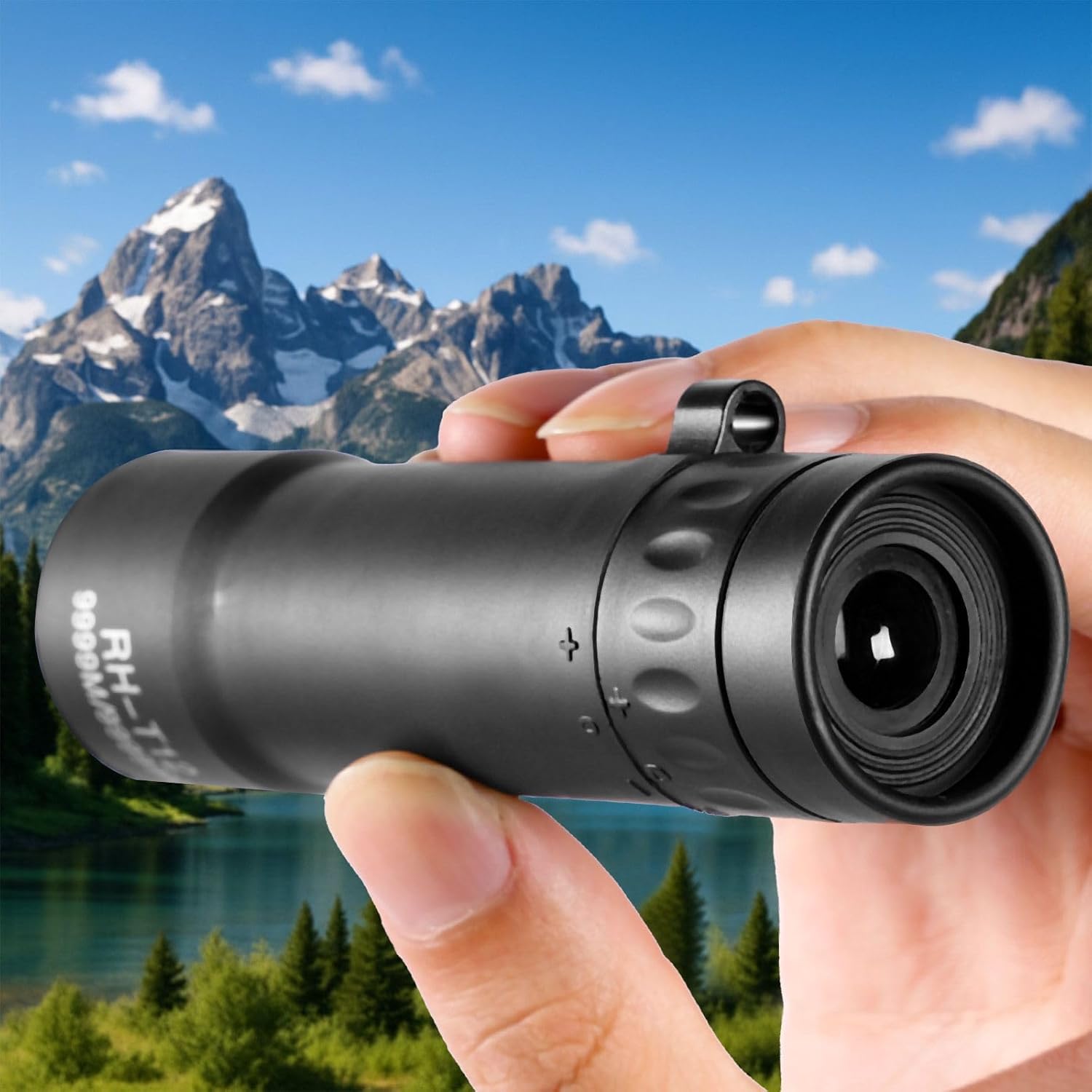 AWSX mini monocular telescope front view showing the optical glass objective lens and black textured rubber outer armor.