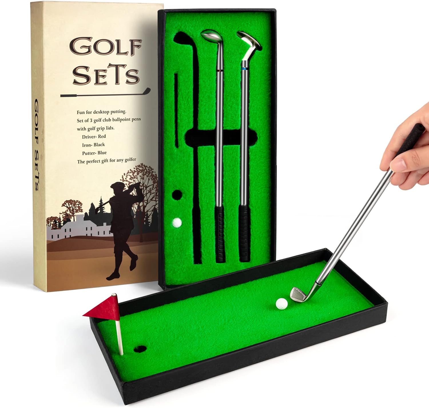 Juboury Mini Desktop Golf Pen Gift Set showing all components