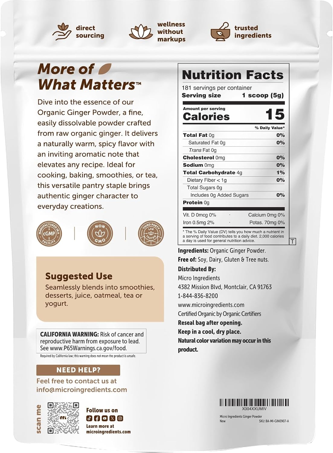 Micro Ingredients organic ginger powder size label details