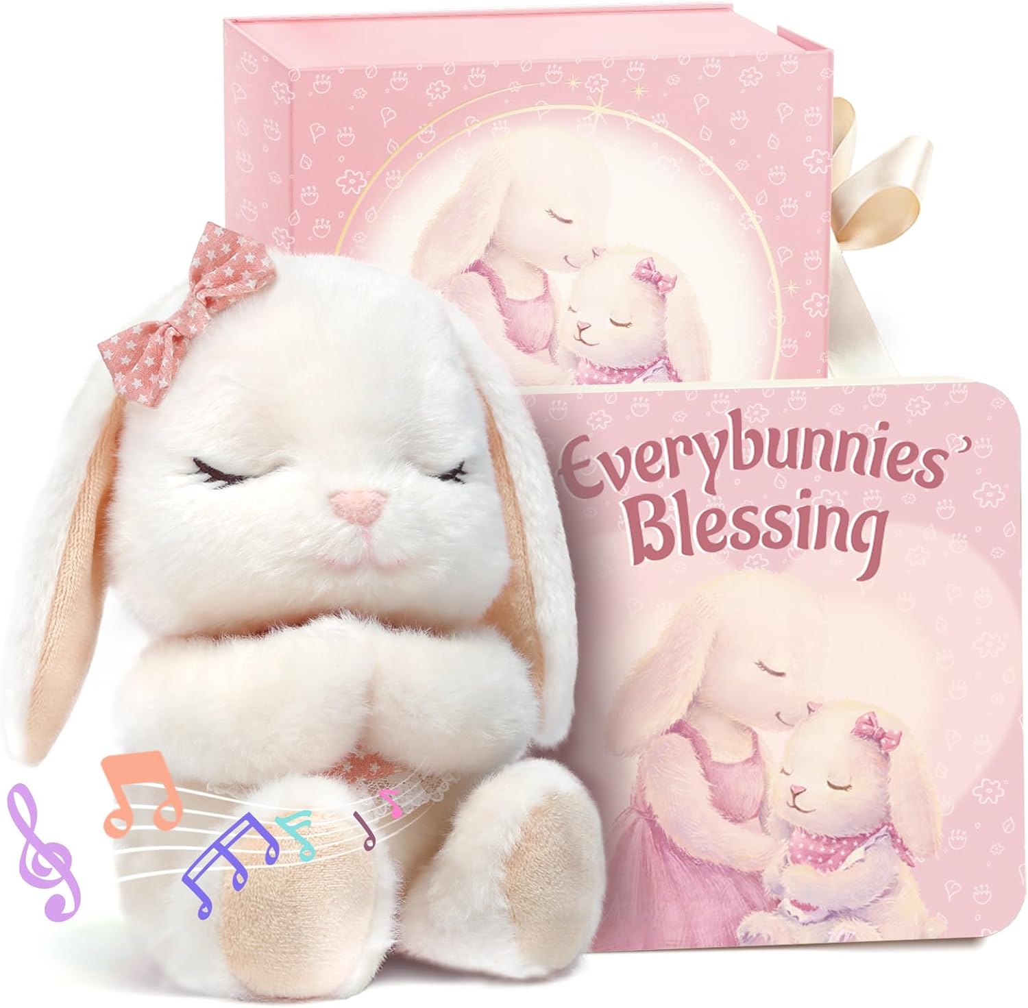 MyMateZoe baptism gift set for baby girl front view showing musical praying bunny and blessing book in keepsake box