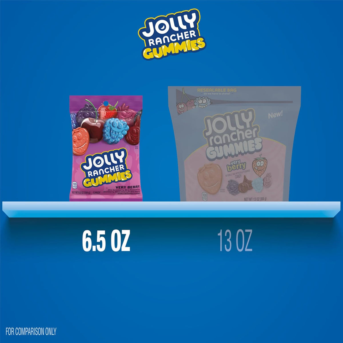 Jolly Rancher Very Berry Gummies package next to fresh strawberries and blackberries.