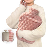 Alpinmett extra large hot water bottle front view showing pink plush cover and hand pocket