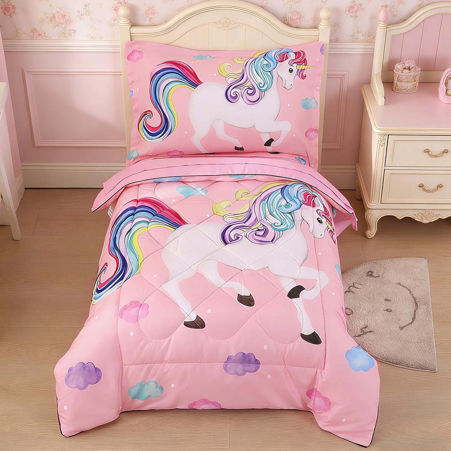 Wowelife unicorn toddler bedding set pink 4 piece front view