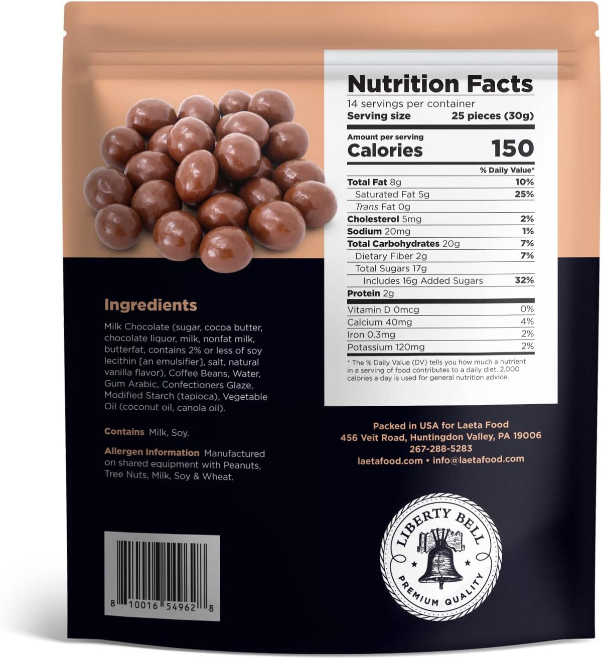 Close up of roasted espresso beans covered in creamy milk chocolate
