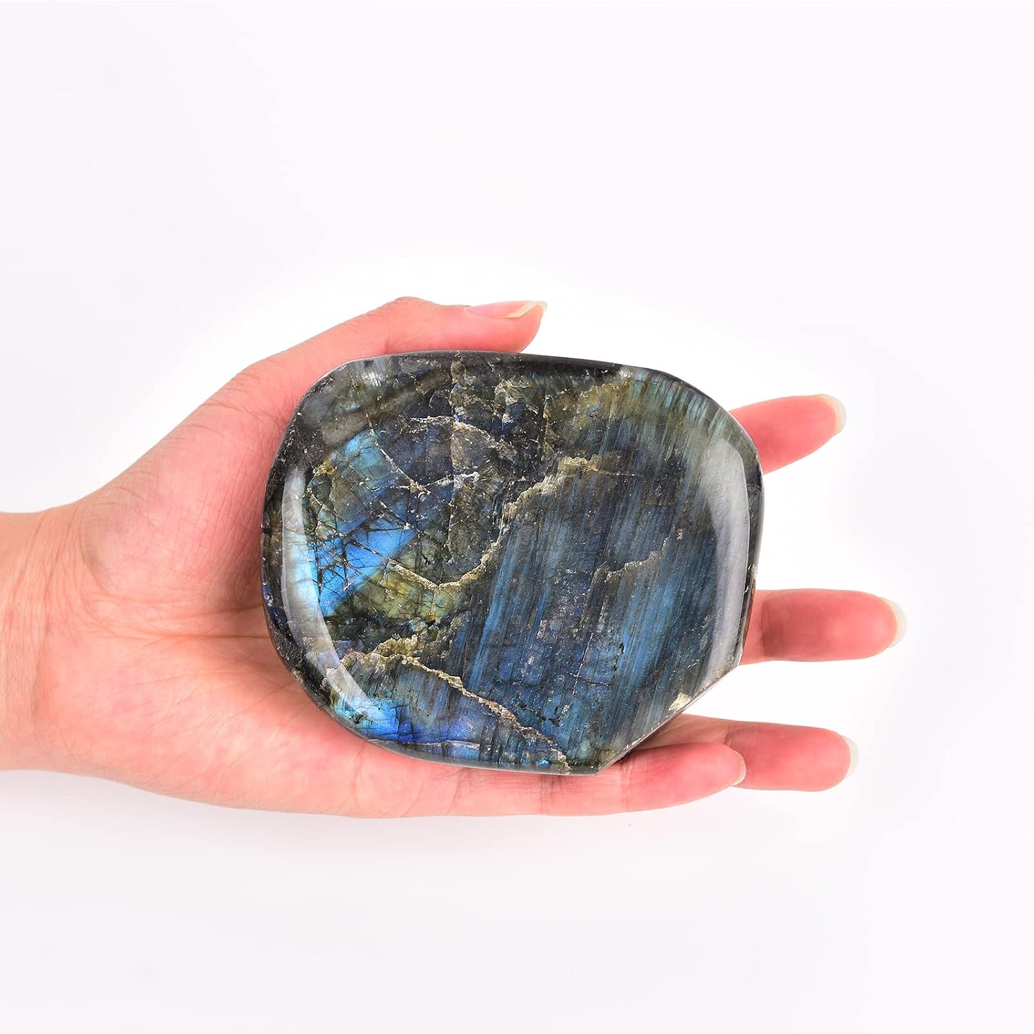 Jic Gem labradorite palm stone front view showing blue labradorescence flashes.