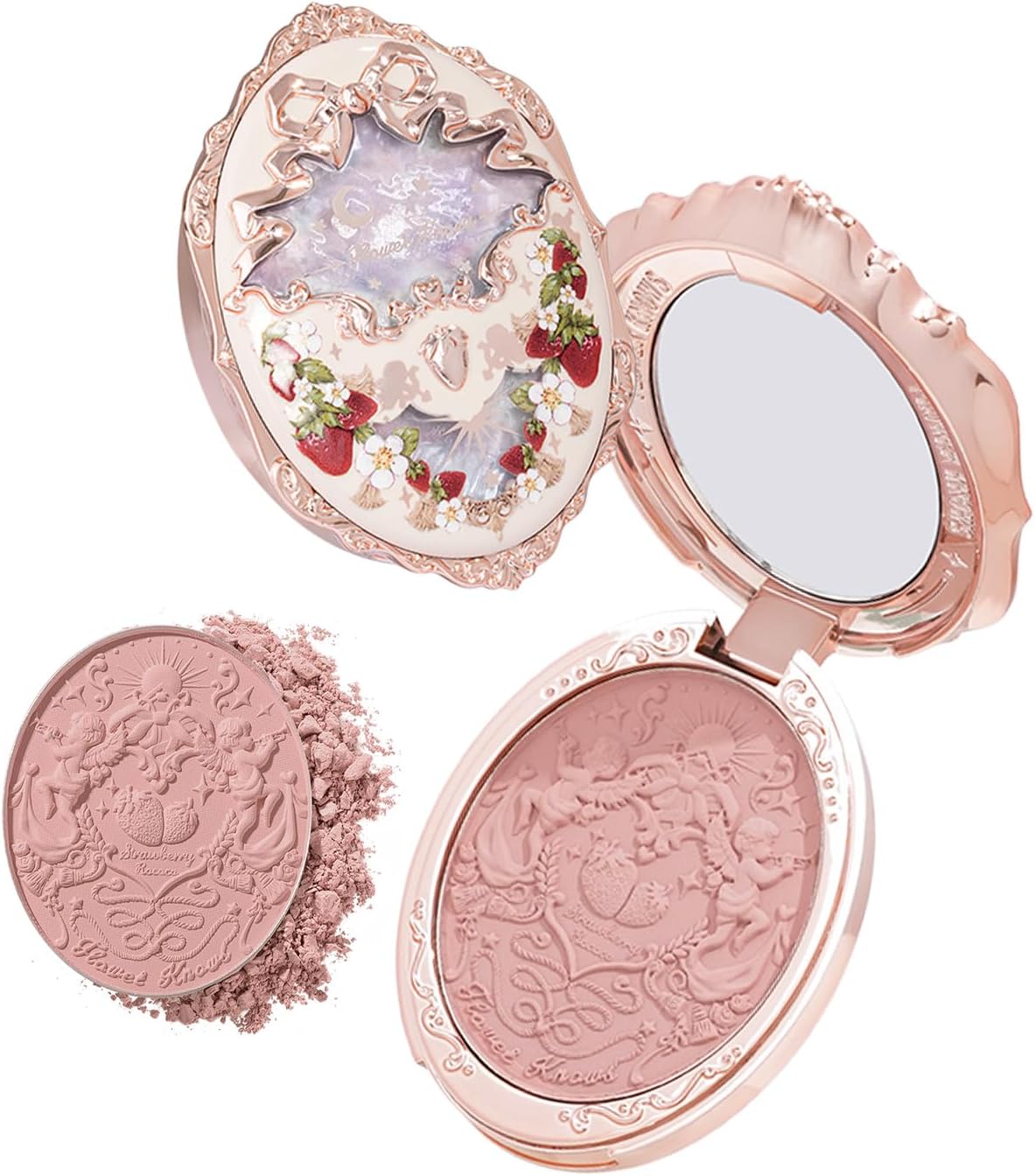 Flower Knows Strawberry Rococo Embossed Blush front view of vintage cameo compact.