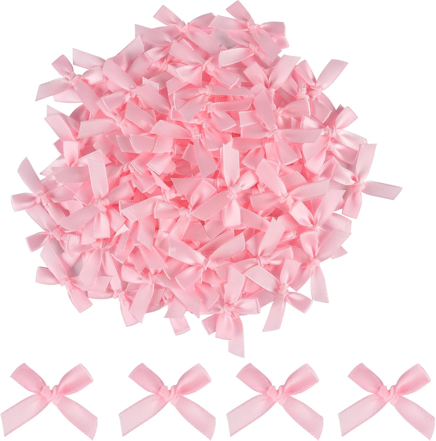 NEBURORA 100 Pieces Mini Pink Bows front view showcasing the complete crafting set layout
