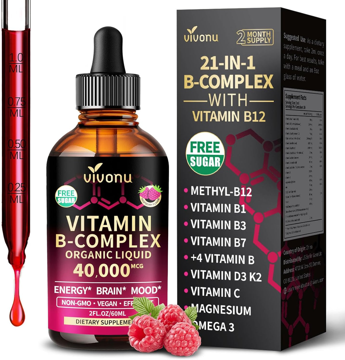 VivoNu Vitamin B Complex Liquid Drops front bottle view for energy support