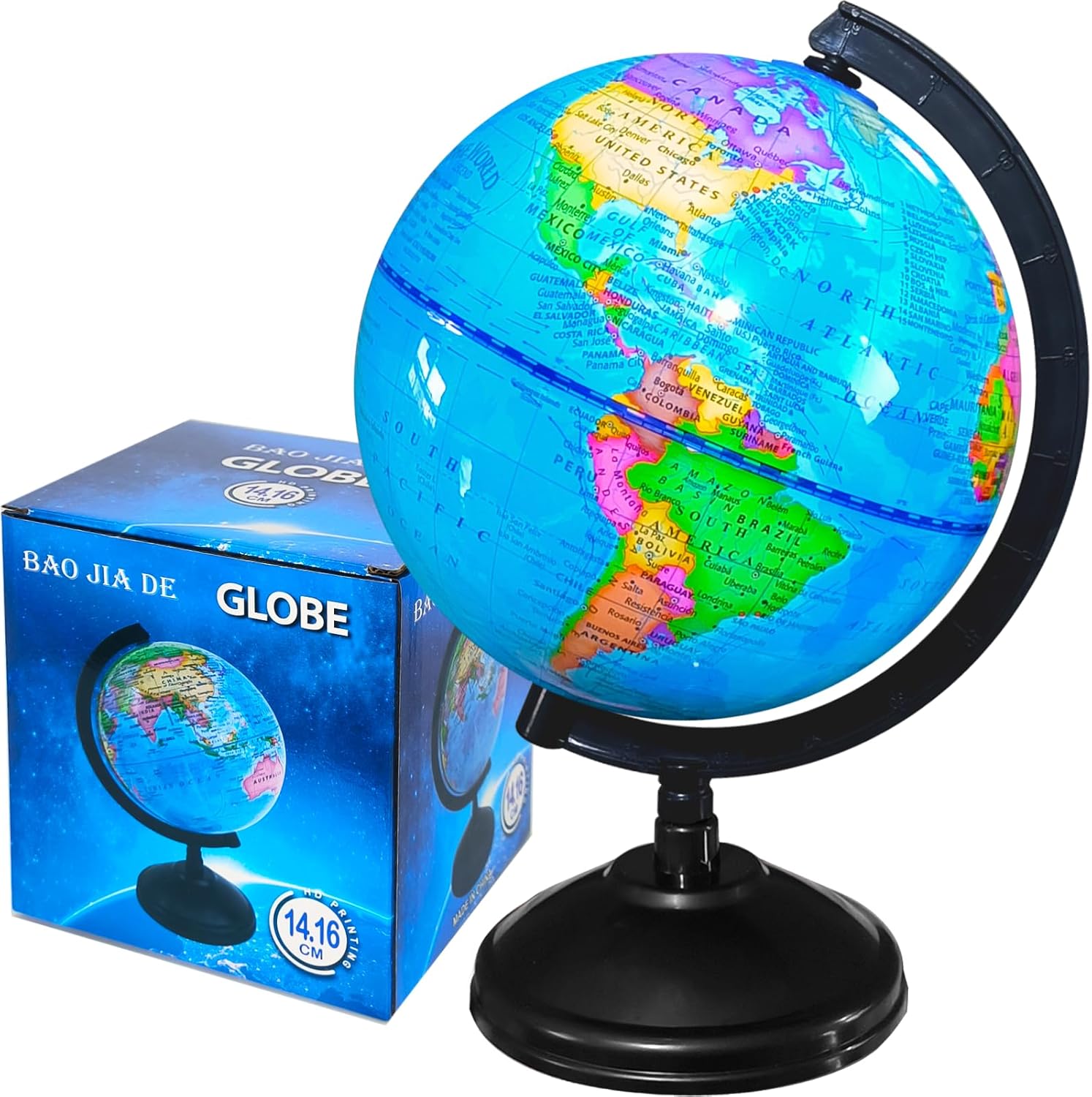 Rrshnsgv six inch geographic world globe showing a clear front view of the political map with blue oceans and a sturdy black metallic stand.