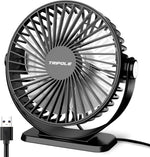 TriPole small desk fan front view showing compact black frame and five cooling blades on desktop.
