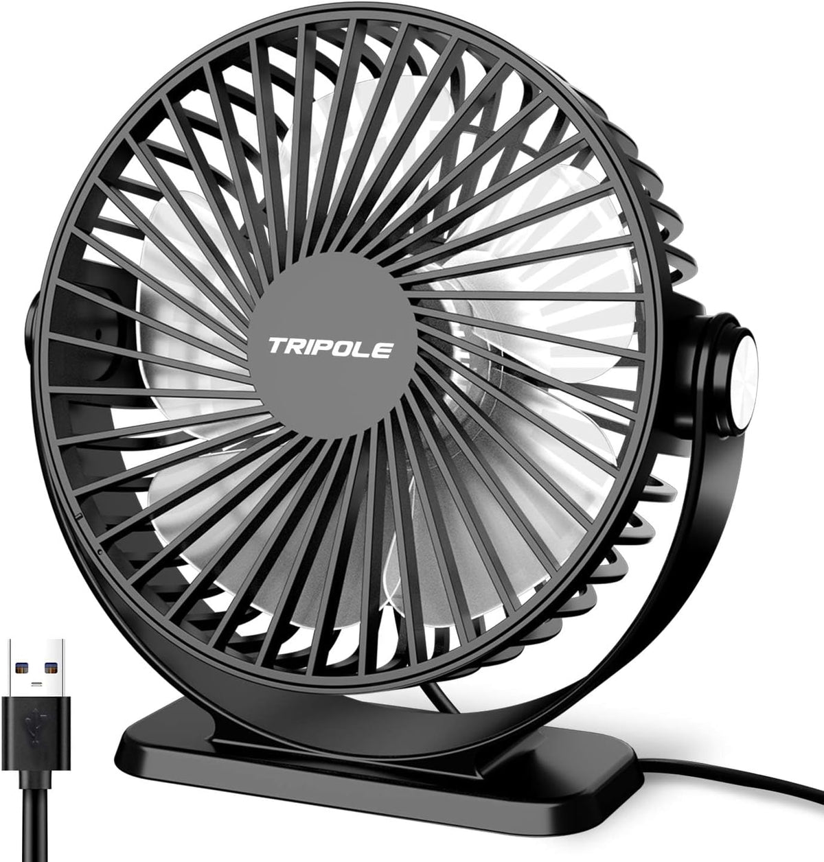 TriPole small desk fan front view showing compact black frame and five cooling blades on desktop.