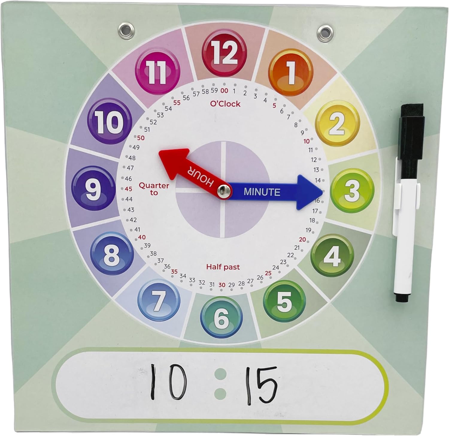 Urban Supply Co Kids Teaching Clock front view showing color coded moveable hands and dry erase whiteboard section