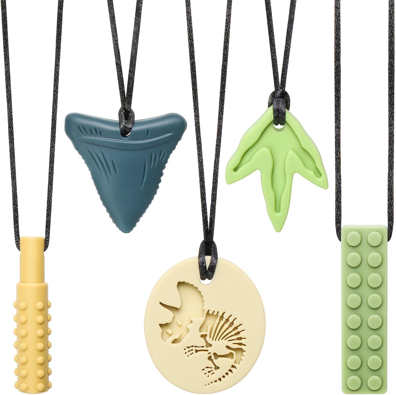Misslili sensory chew necklaces front view showing dinosaur shapes for oral motor therapy
