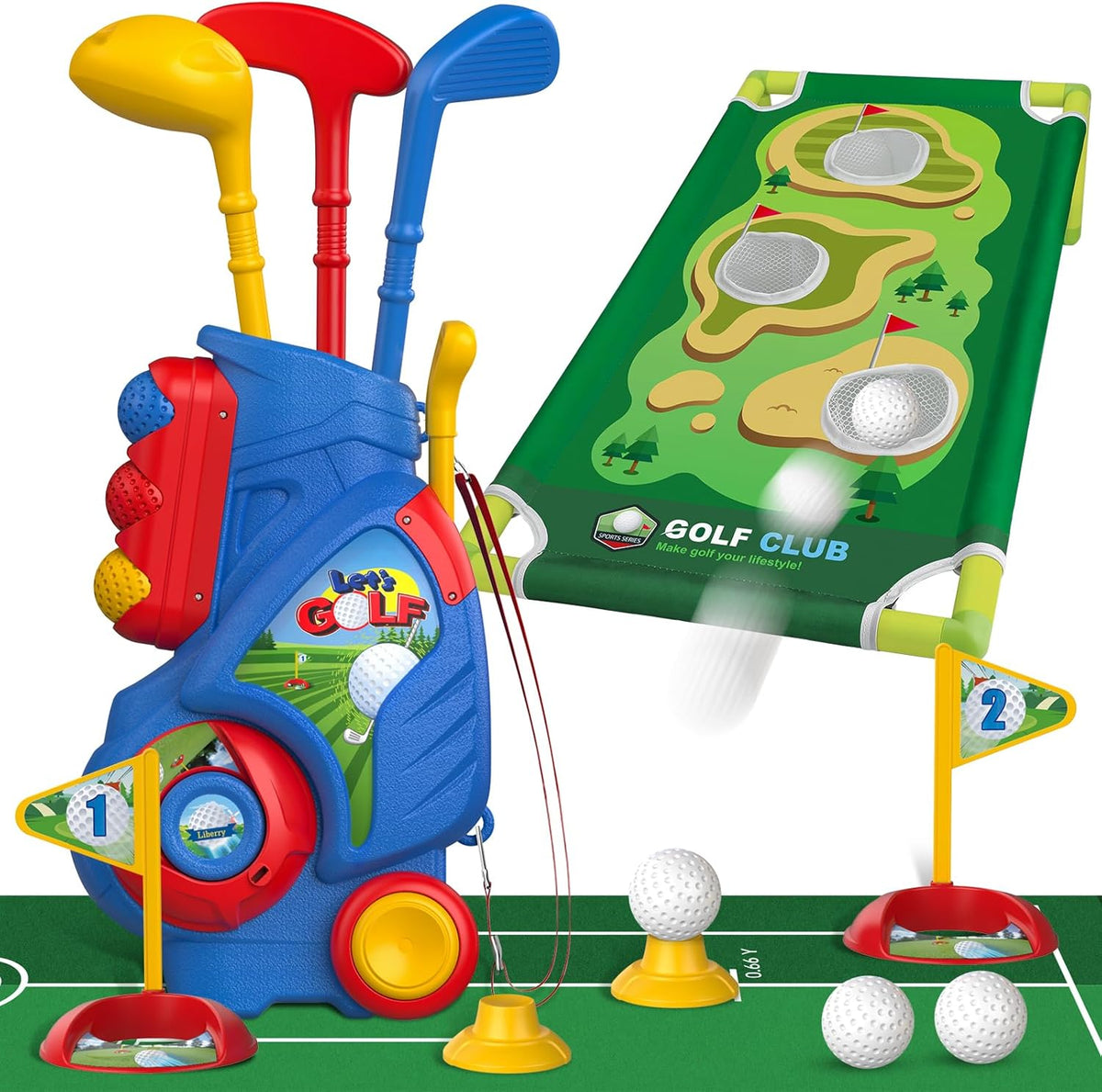 Liberry toddler golf set front view with cart and clubs