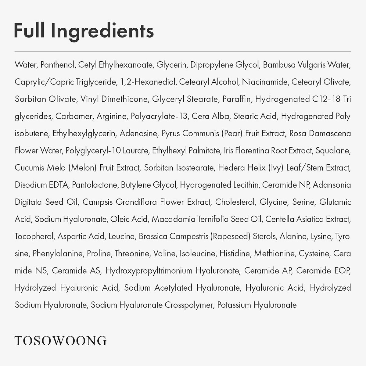 Side view of Tosowoong fragrance-free moisturizer showing 50ml sizing and product usage details