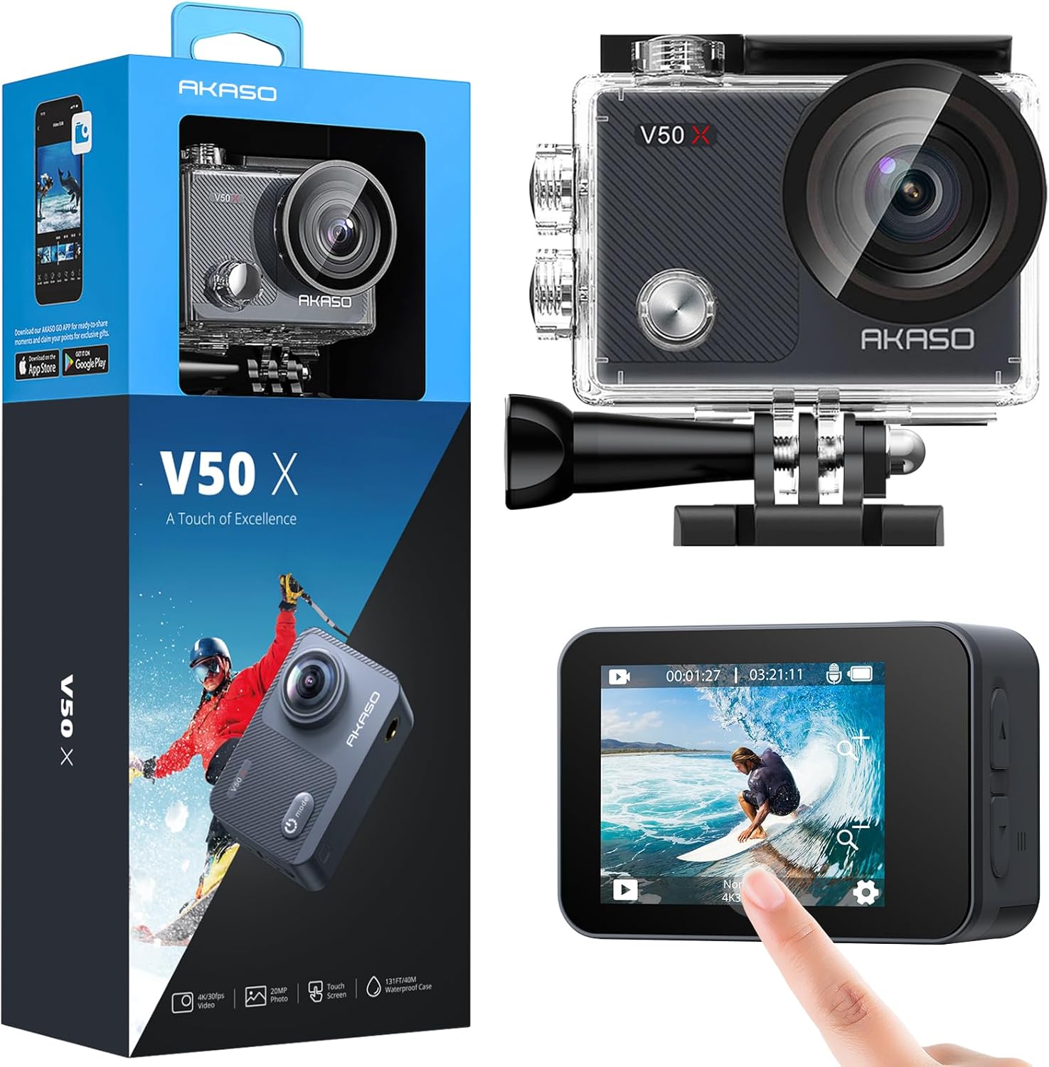 AKASO V50X Native 4K action camera front view with wide angle lens