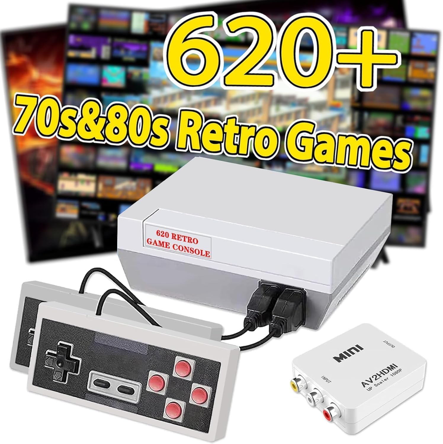 Shepudruc retro gaming console with dual controllers front view