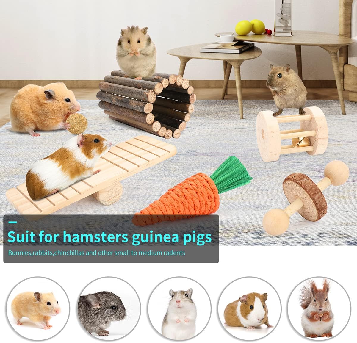 Natural pet enrichment setup with an exercise wheel and hanging bridge for mice and rats.
