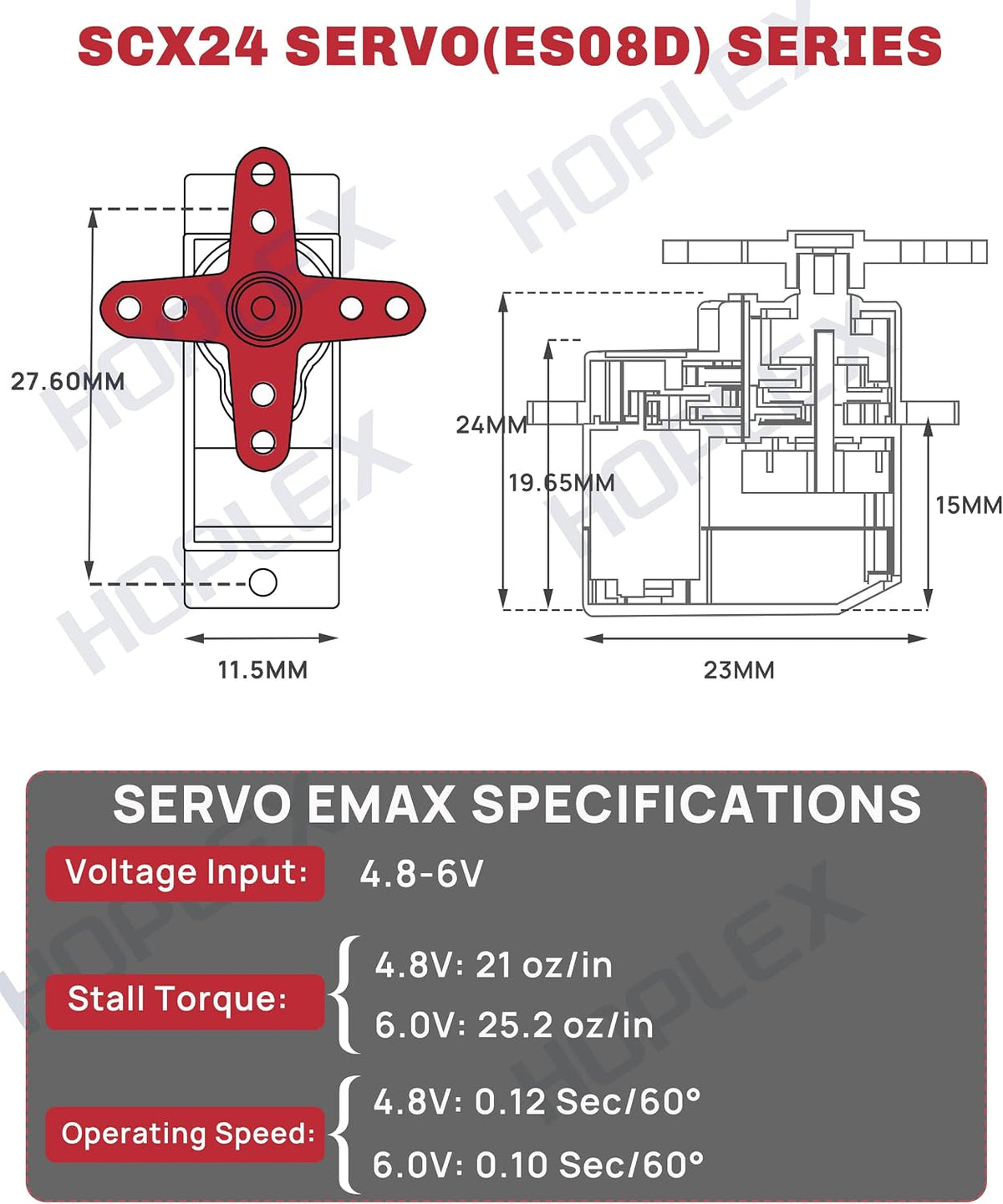 Hoplex micro RC servo motor side profile and gear details
