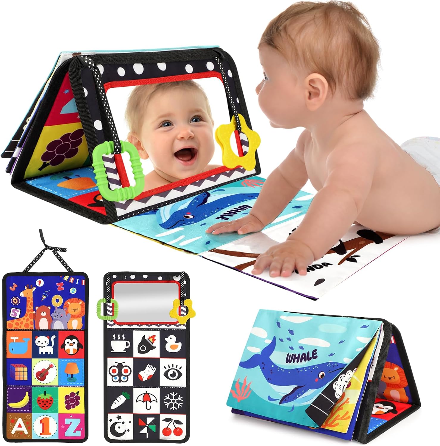 URMYWO high contrast tummy time baby mirror toy front view showing black and white geometric patterns.