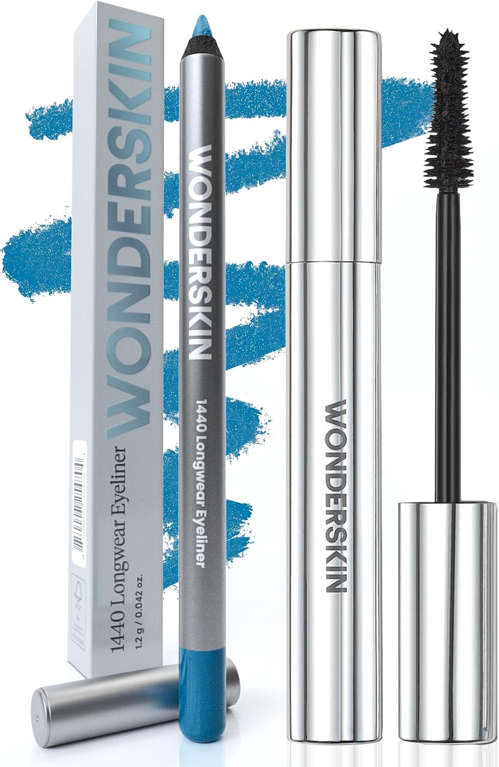 Wonderskin 1440 Longwear Eyeliner Aqua and Black Mascara set front view showcase