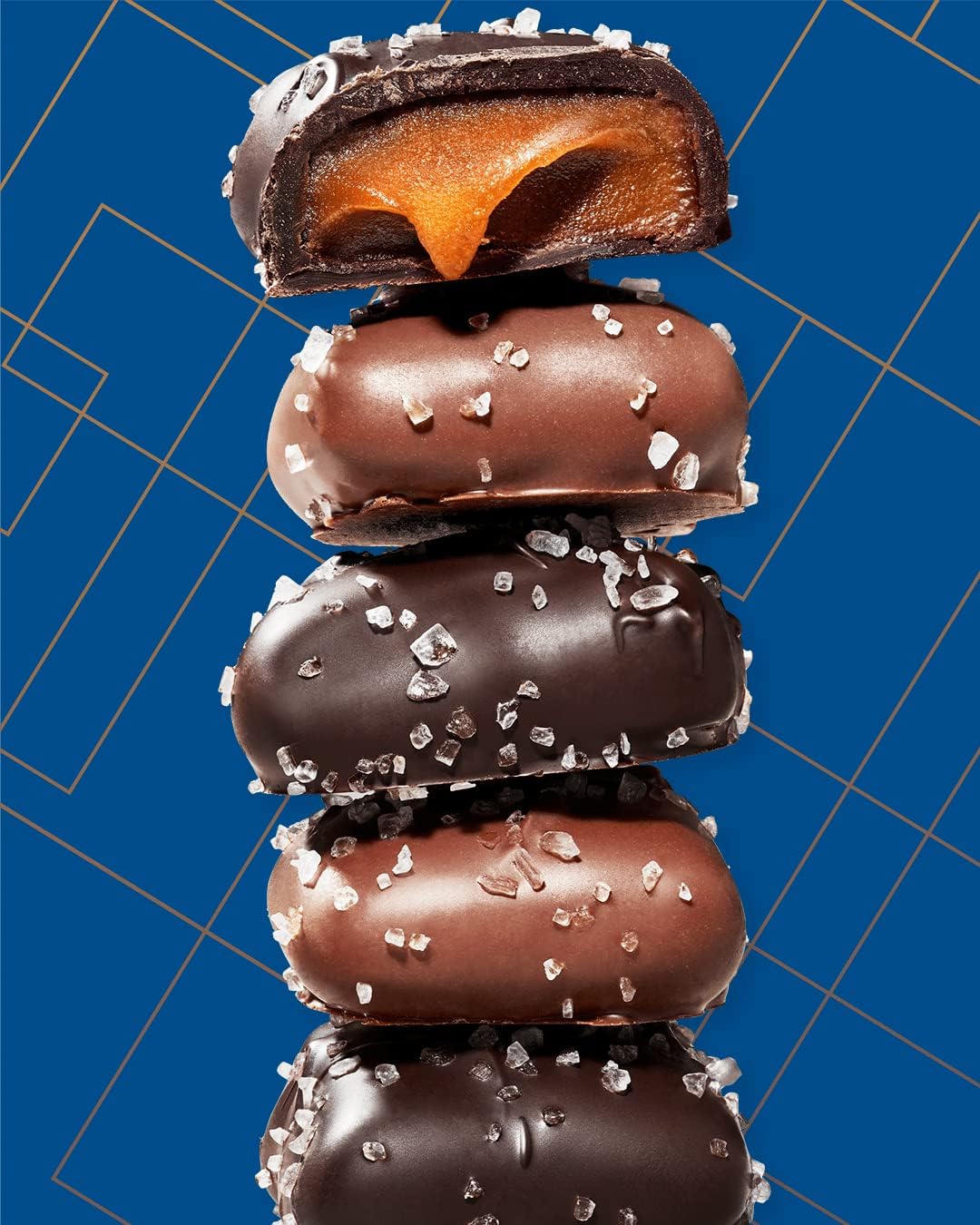 Sanders sweet and salty milk chocolate caramels displayed open showing the generous quantity inside the tub.