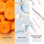 APRILSKIN Carrotene serum bottle next to fresh carrots highlighting key natural ingredients.