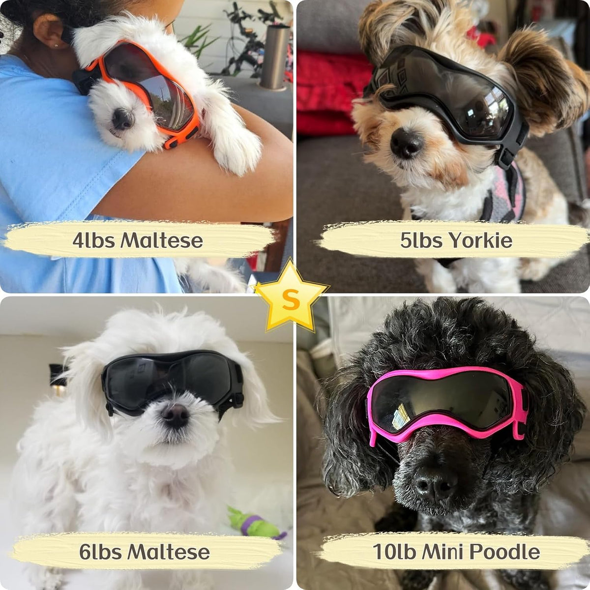 Packaged Petleso dog glasses showing size S specifications