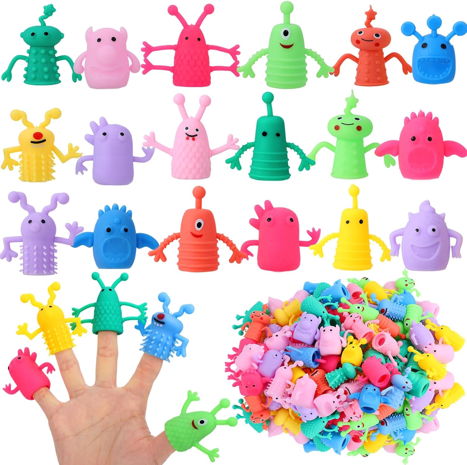 Booson monster finger puppets eighty pieces set front view showing colorful rubber characters.