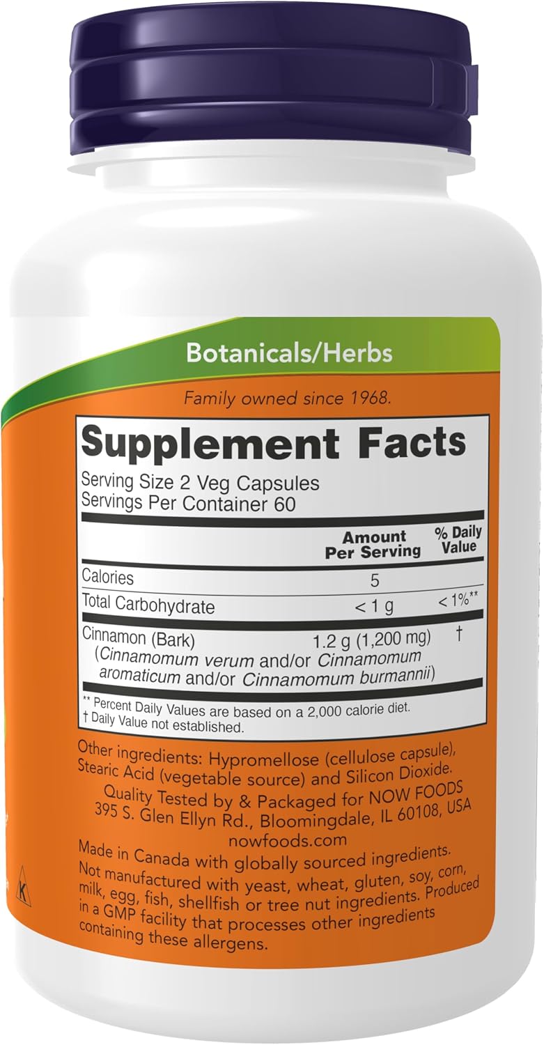 Now Foods Cinnamon Bark supplement bottle back label showing ingredient facts