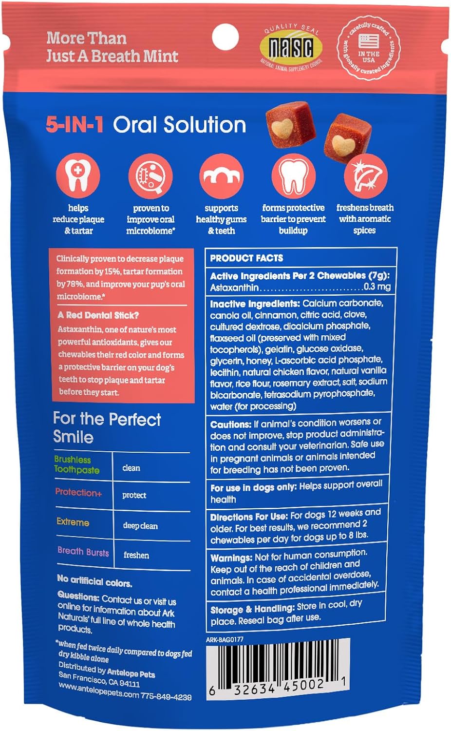 Ark Naturals 5-in-1 dog dental chew showing toothpaste center detail.