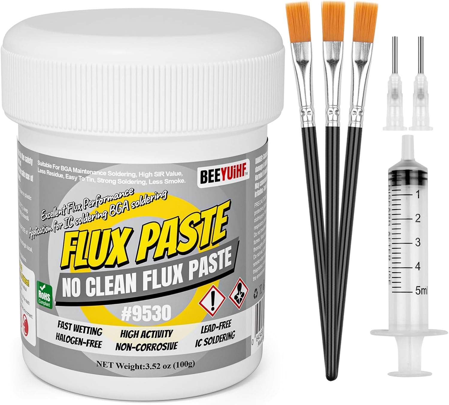 BEEYUIHF no-clean soldering flux paste front view canister packaging