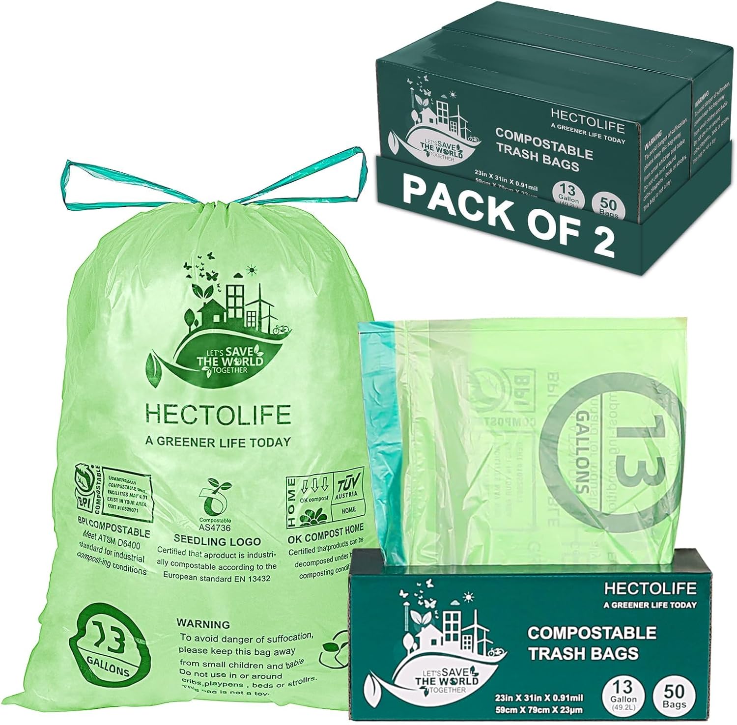 HECTOLIFE 13 Gallon Compostable Trash Bags box front view featuring eco-friendly kitchen garbage bags