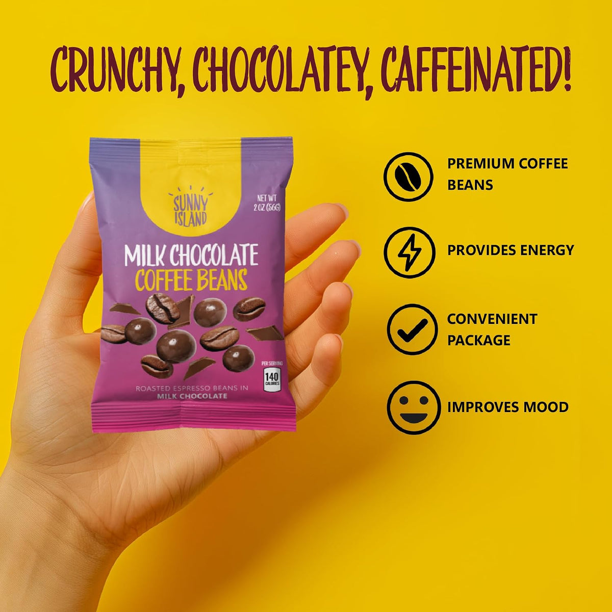 Individual 2 Ounce snack pouch of Sunny Island espresso beans