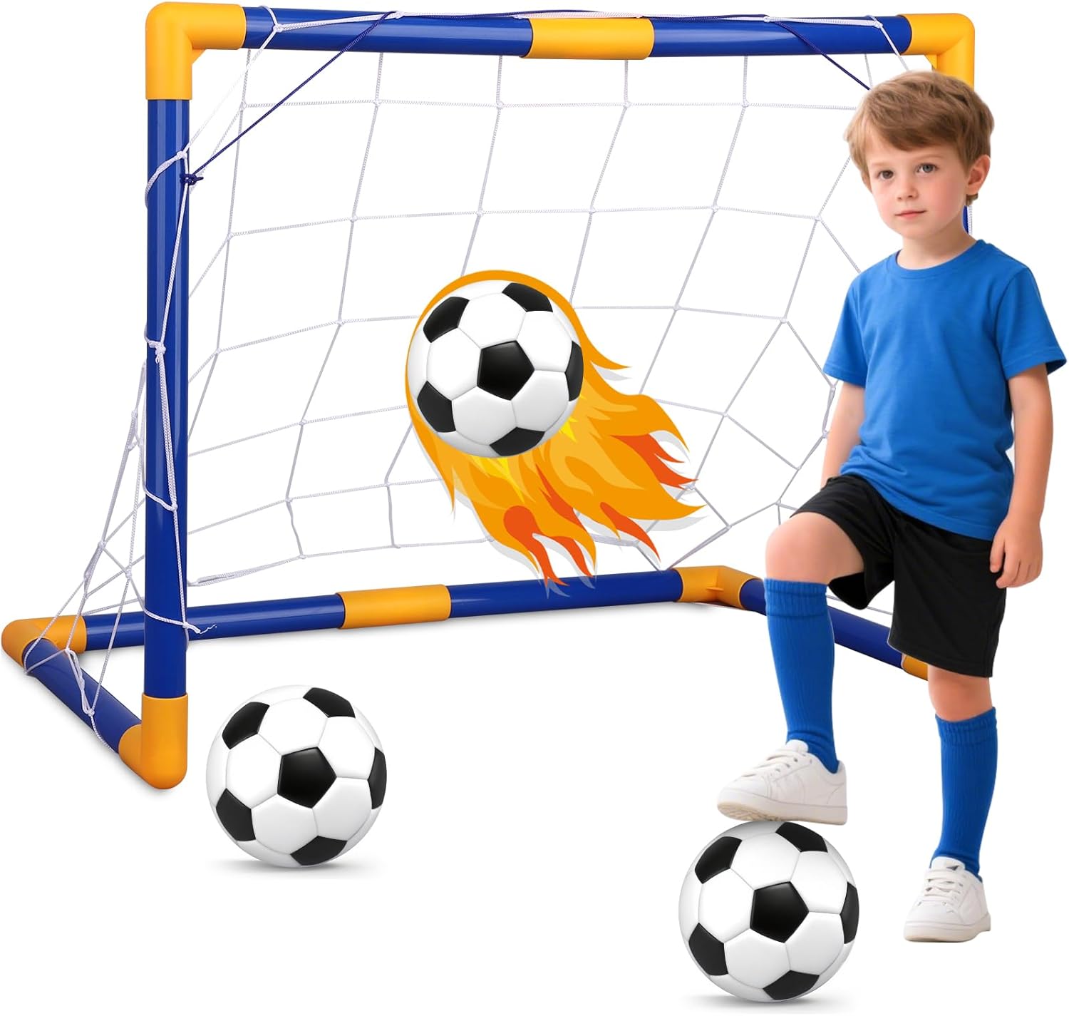 LNCOJOLM kids soccer goal set front view with white frame and yellow corner joints