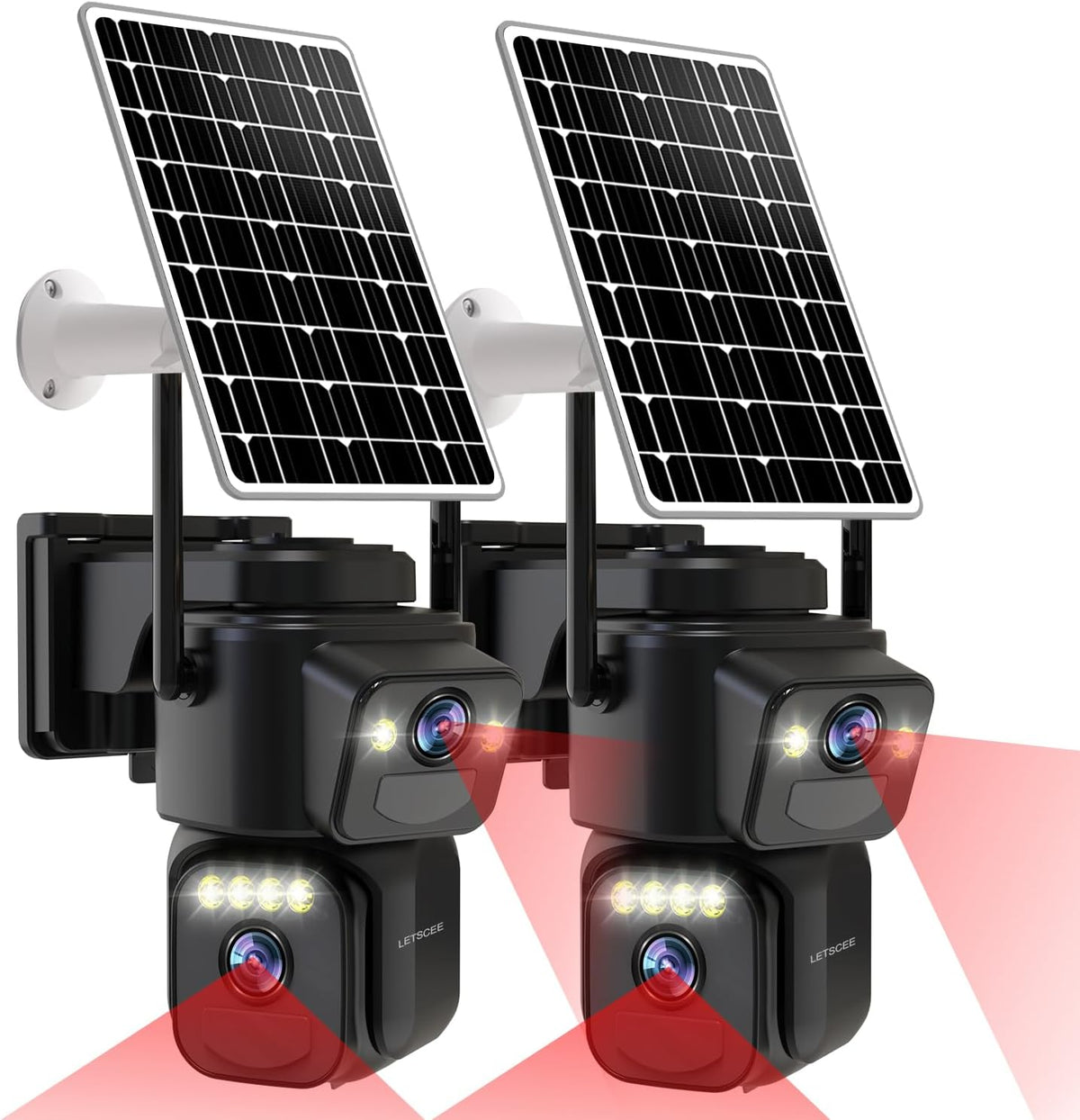 Letscee dual lens solar security camera front view showcasing dual lenses and integrated solar panel