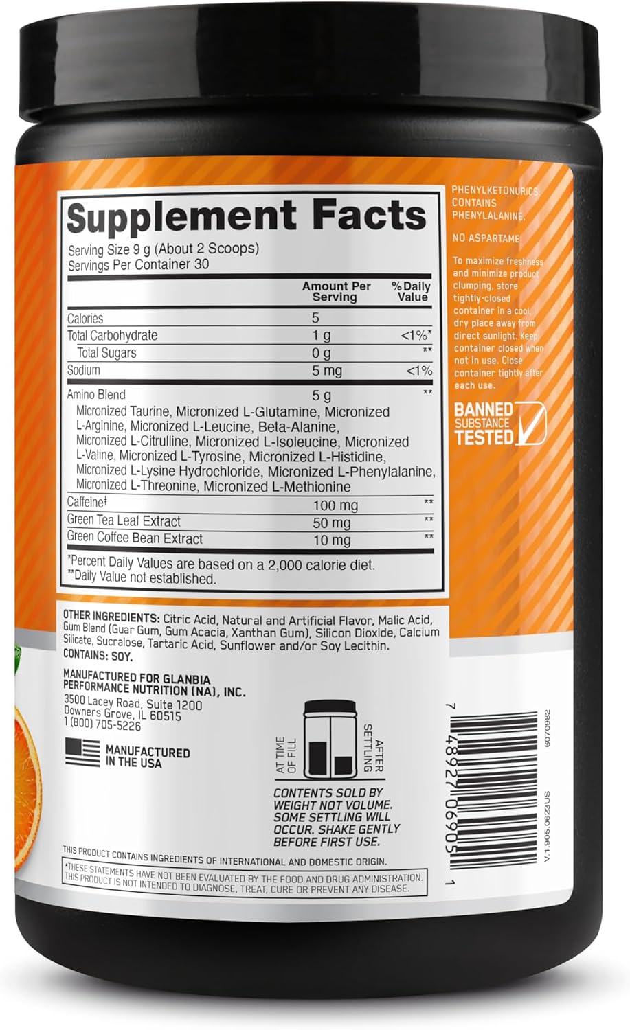 Optimum Nutrition BCAA supplement powder container top view closing lid