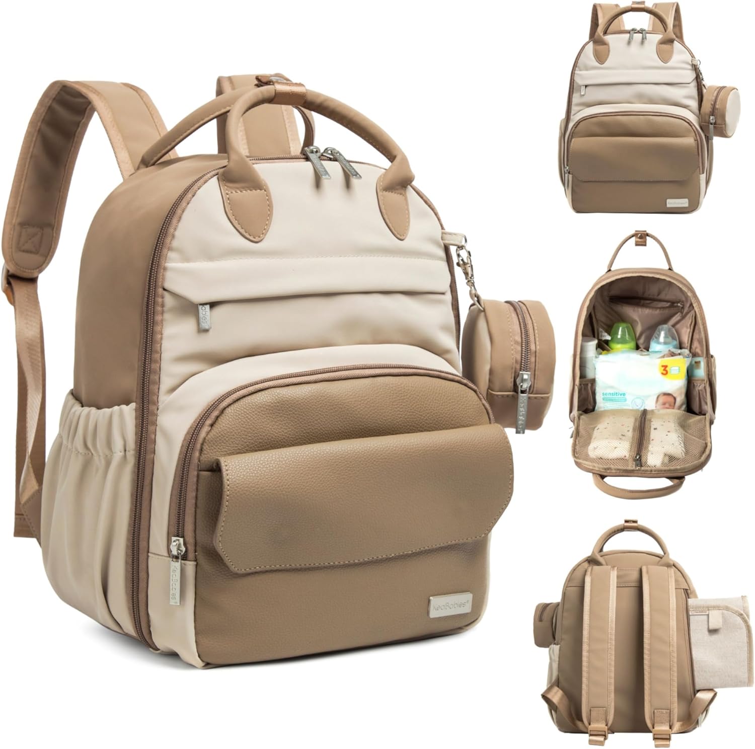 KeaBabies PLAY diaper bag backpack in latte small front view showing premium polyurethane leather texture