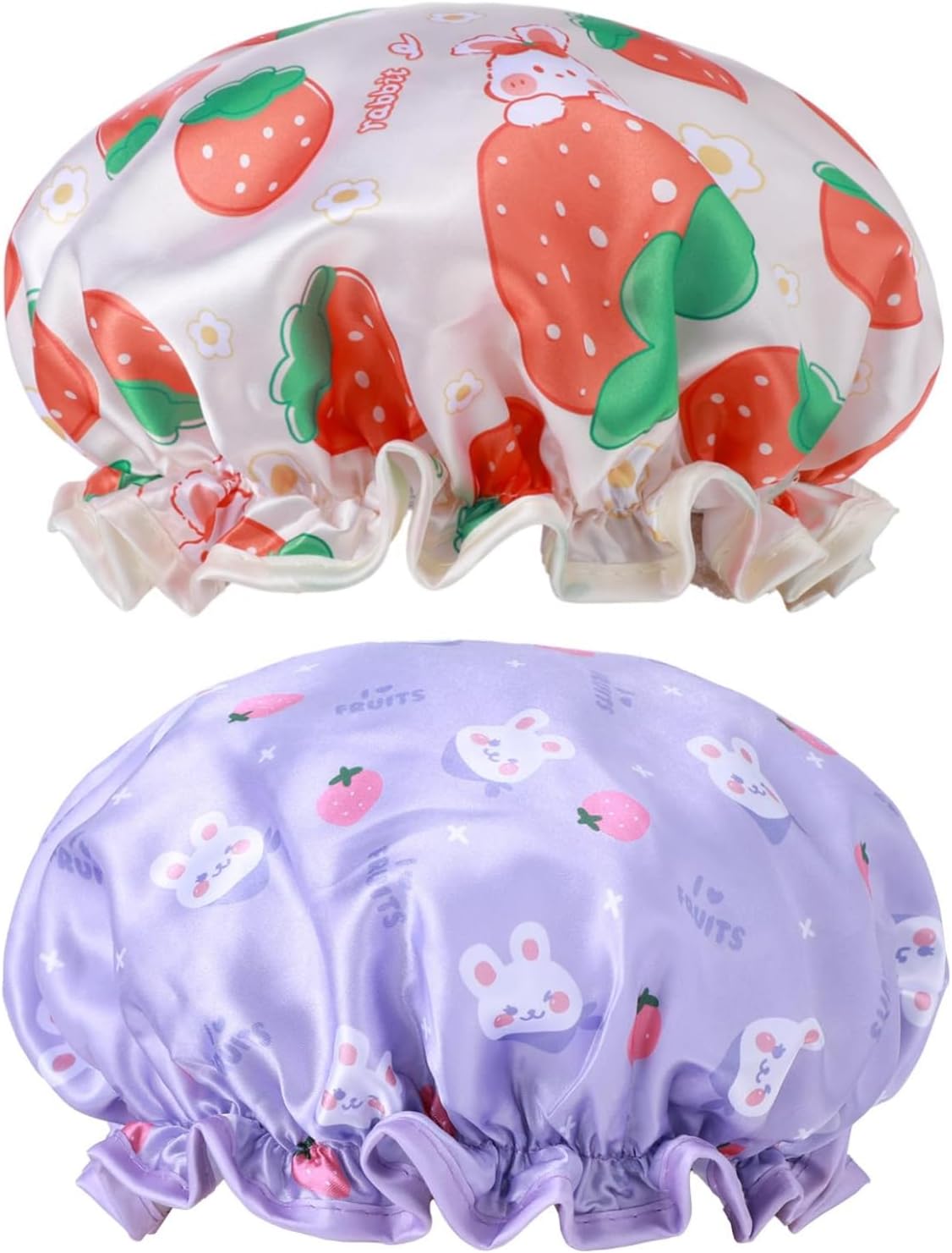 Kids Shower Caps, 2 PCS Waterproof Double Layers Shower Caps Cute Rabbit Bonnets Elastic Band Bonnet Satin and Eva Soft Kids Sleeping Cap Reusable Shower Cap for Kid(Purple + Yellow) - Image 1