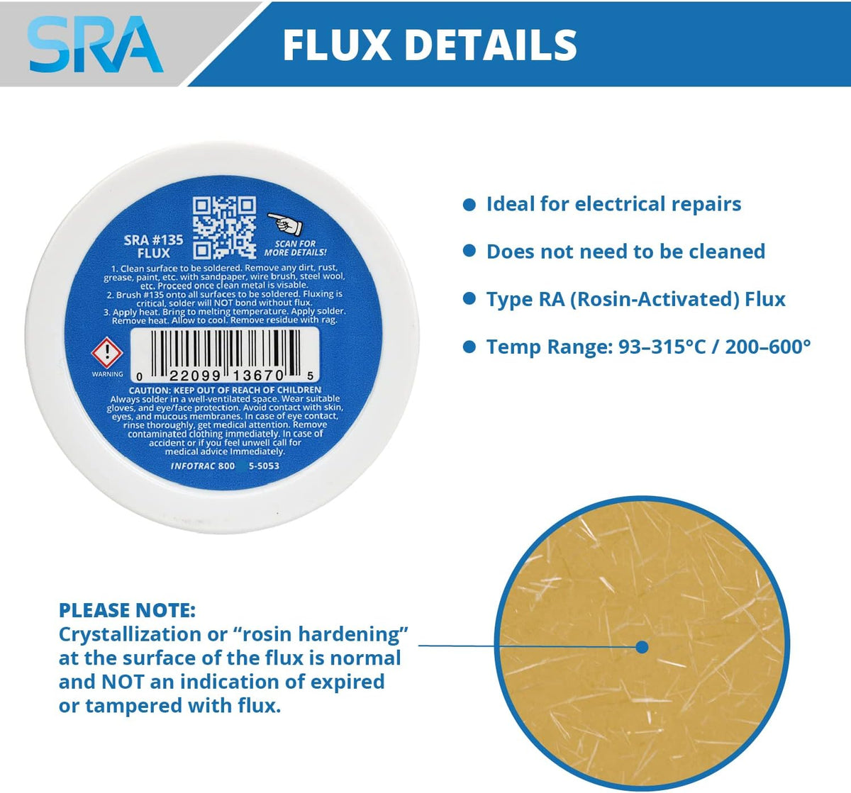 SRA 135 rosin paste flux jar open showing semi-solid petrolatum flux wax