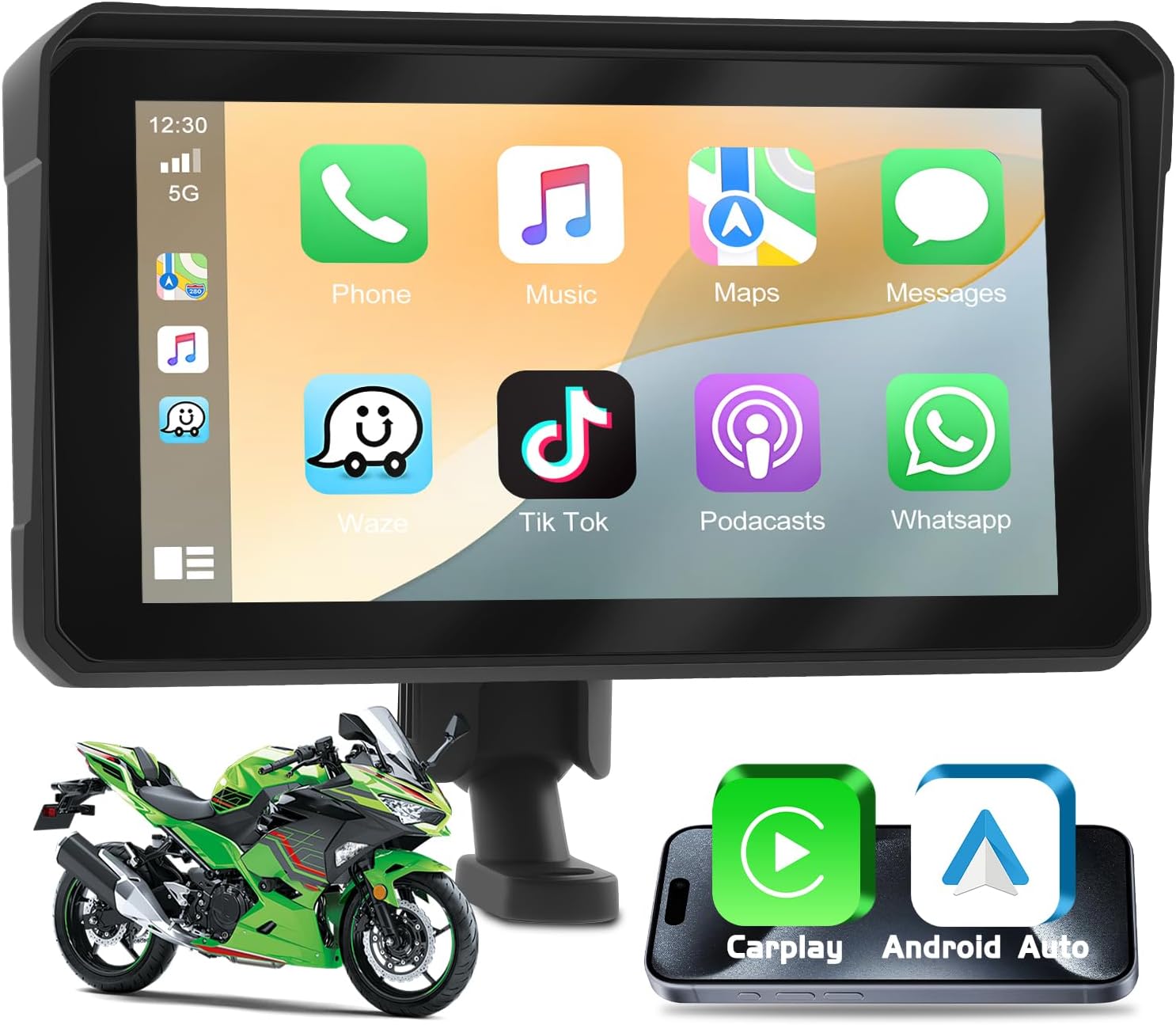 Motorsi portable motorcycle smart player front view showing six inch touchscreen display displaying navigation maps.
