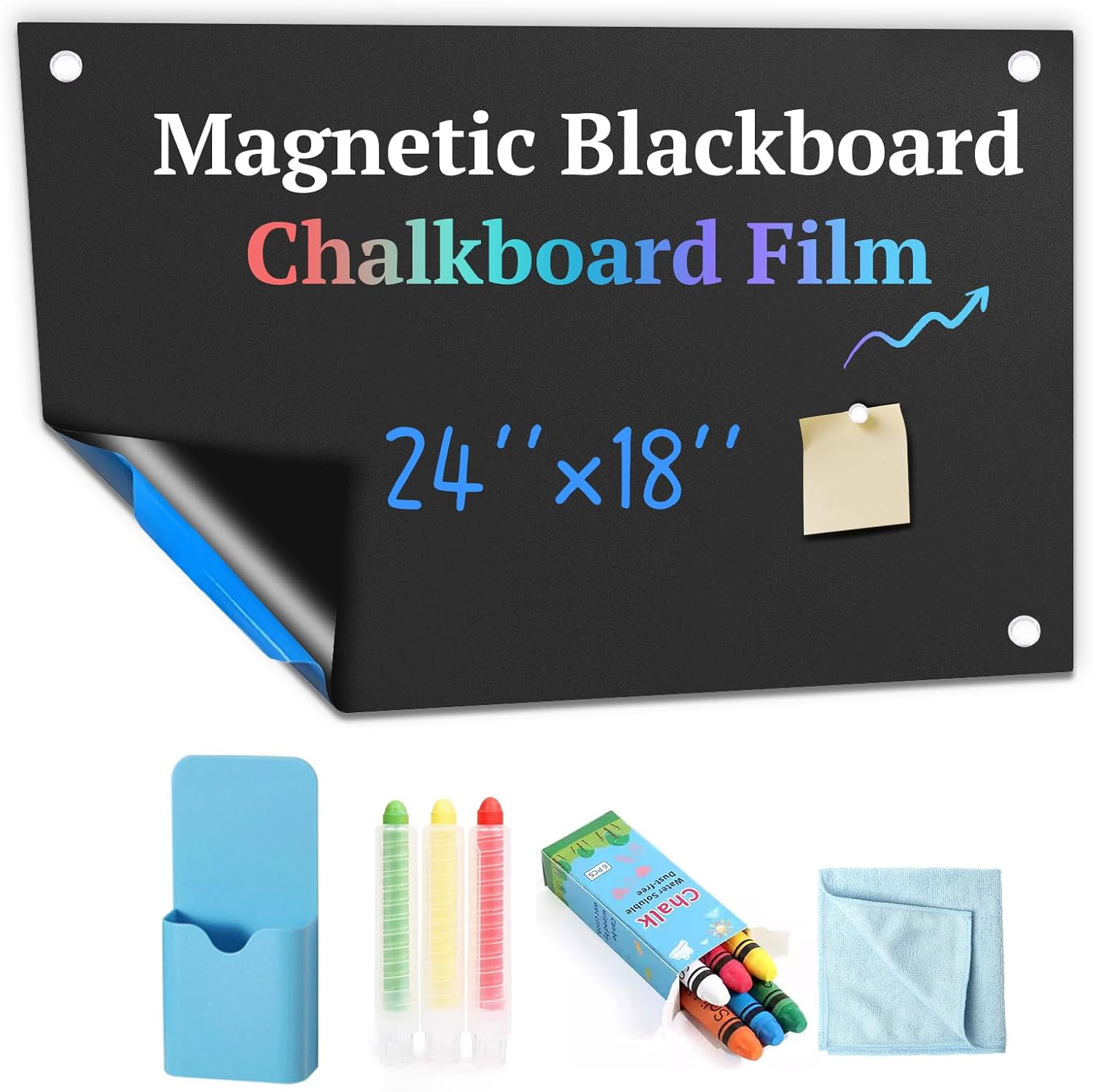 Dr. Magnet magnetic chalkboard contact paper front view showcasing its self adhesive black surface on a playroom wall.