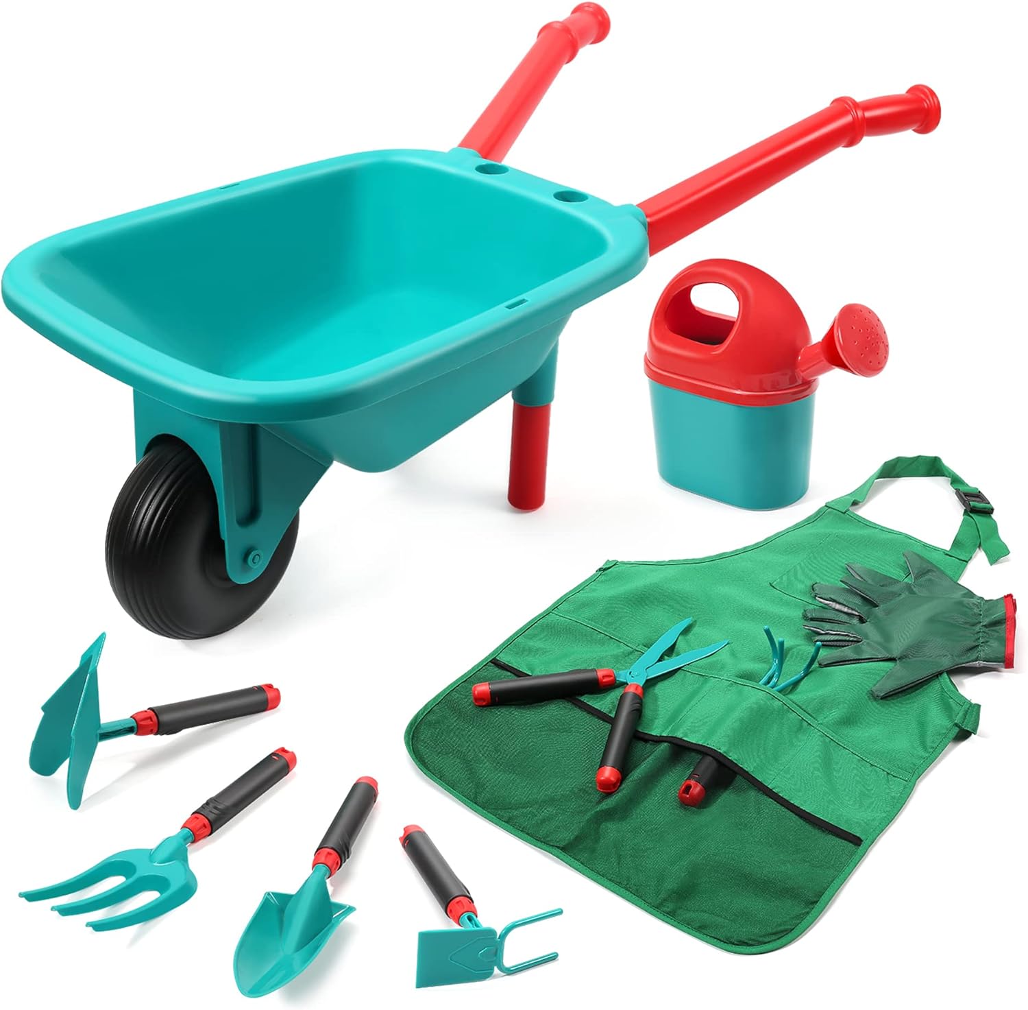 CUTE STONE Kids Gardening Tool Set front view featuring teal and red toy wheelbarrow with colorful children's outdoor play accessories.