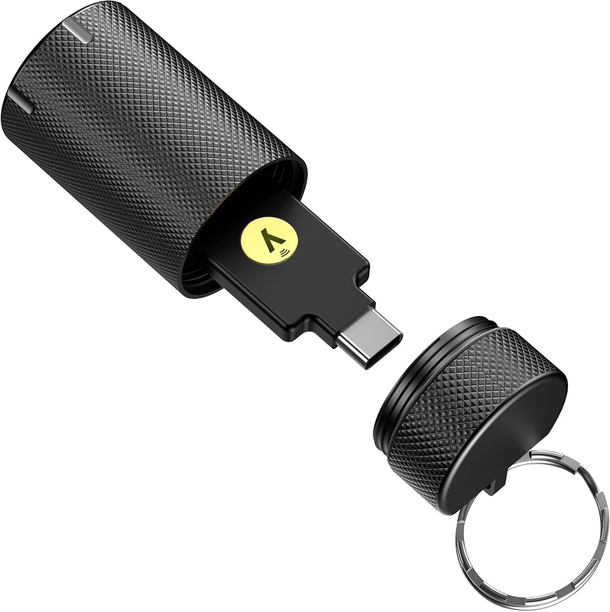 NOPKEY YubiKey Case front view showing black aluminum keychain protector cover.