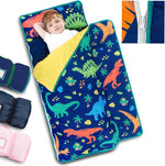 Primlect toddler nap mat front view unrolled showing the dinosaur pattern and attached minky blanket.