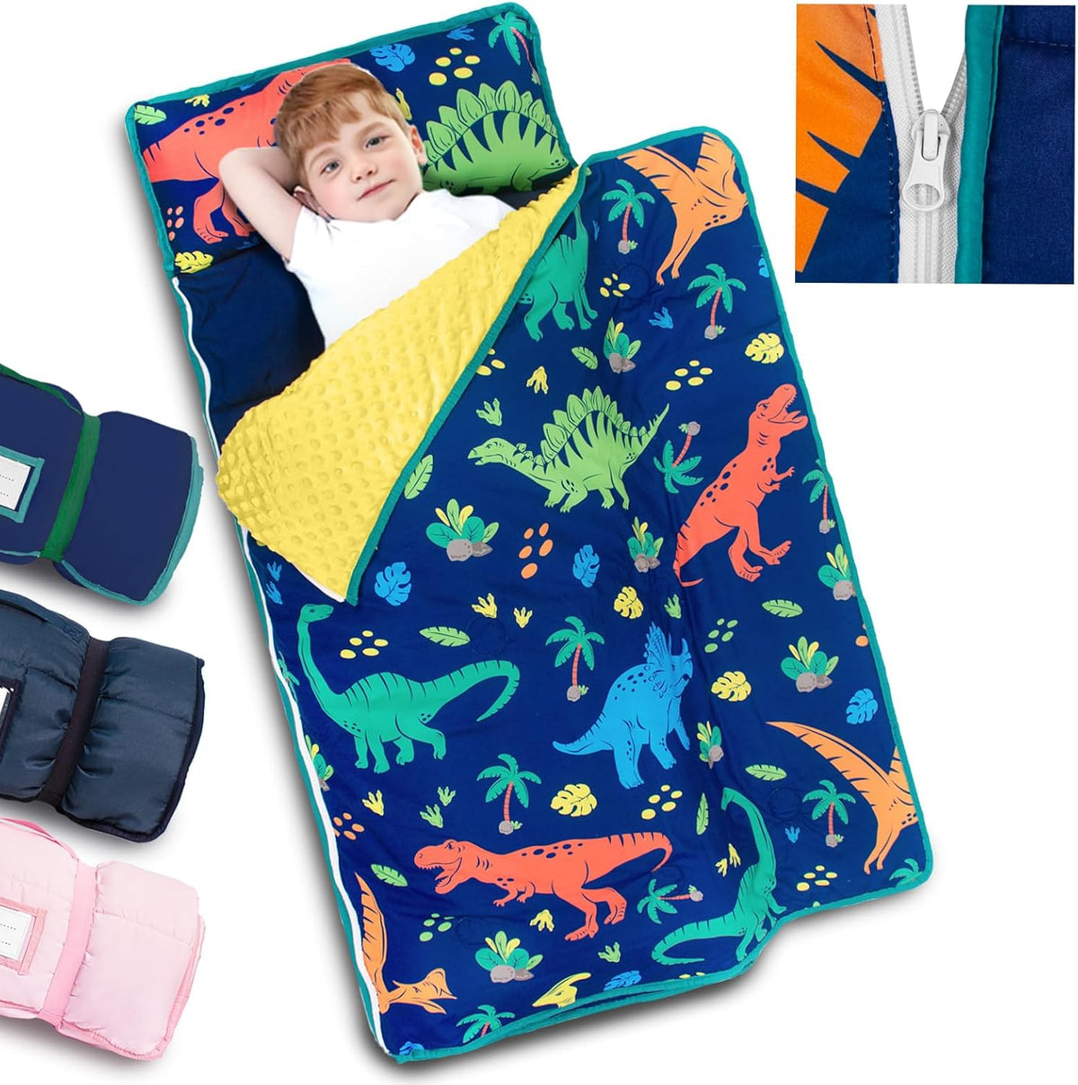 Primlect toddler nap mat front view unrolled showing the dinosaur pattern and attached minky blanket.