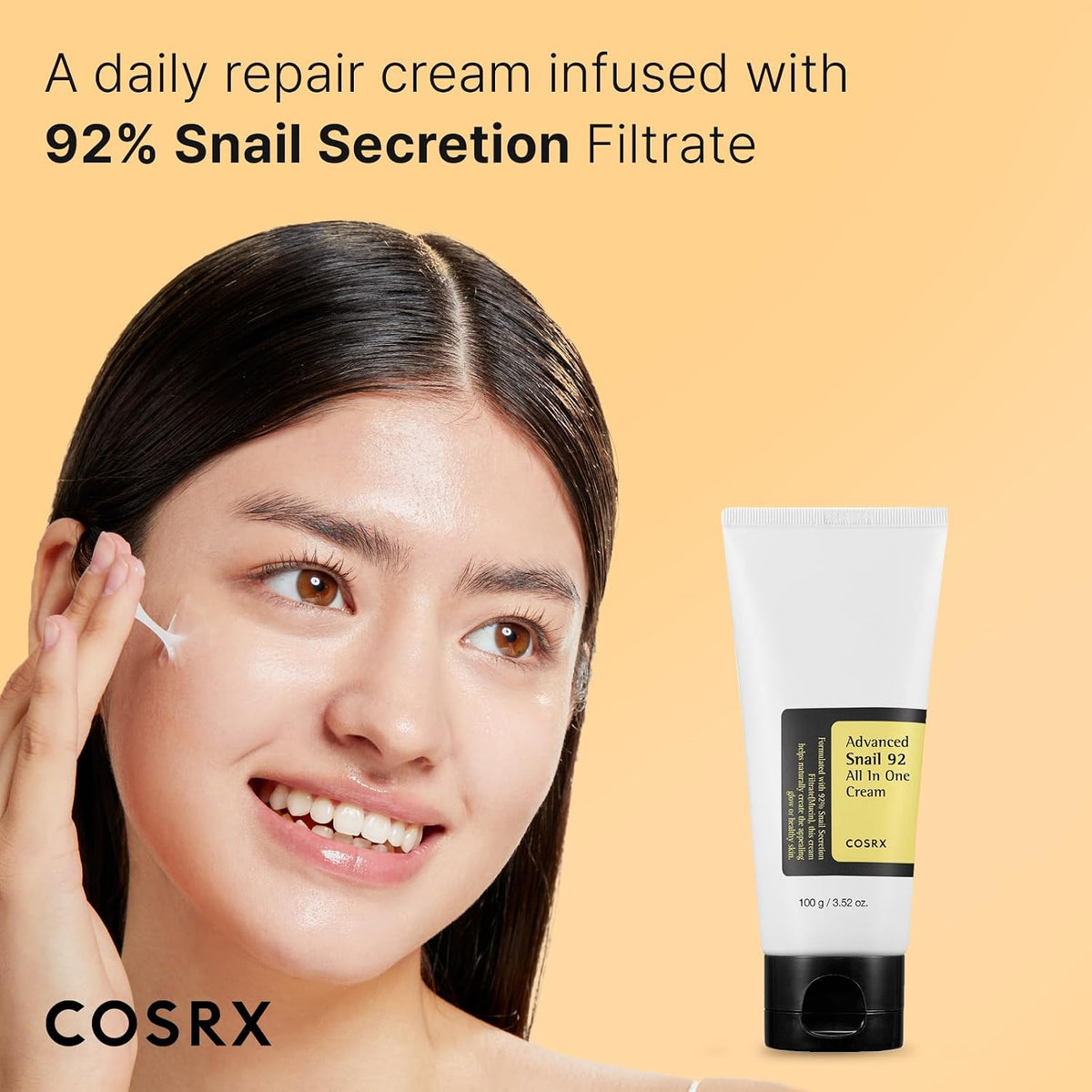 COSRX Snail Mucin ninety-two percent moisturizer daily repair face gel cream tube lying flat on a clean surface.