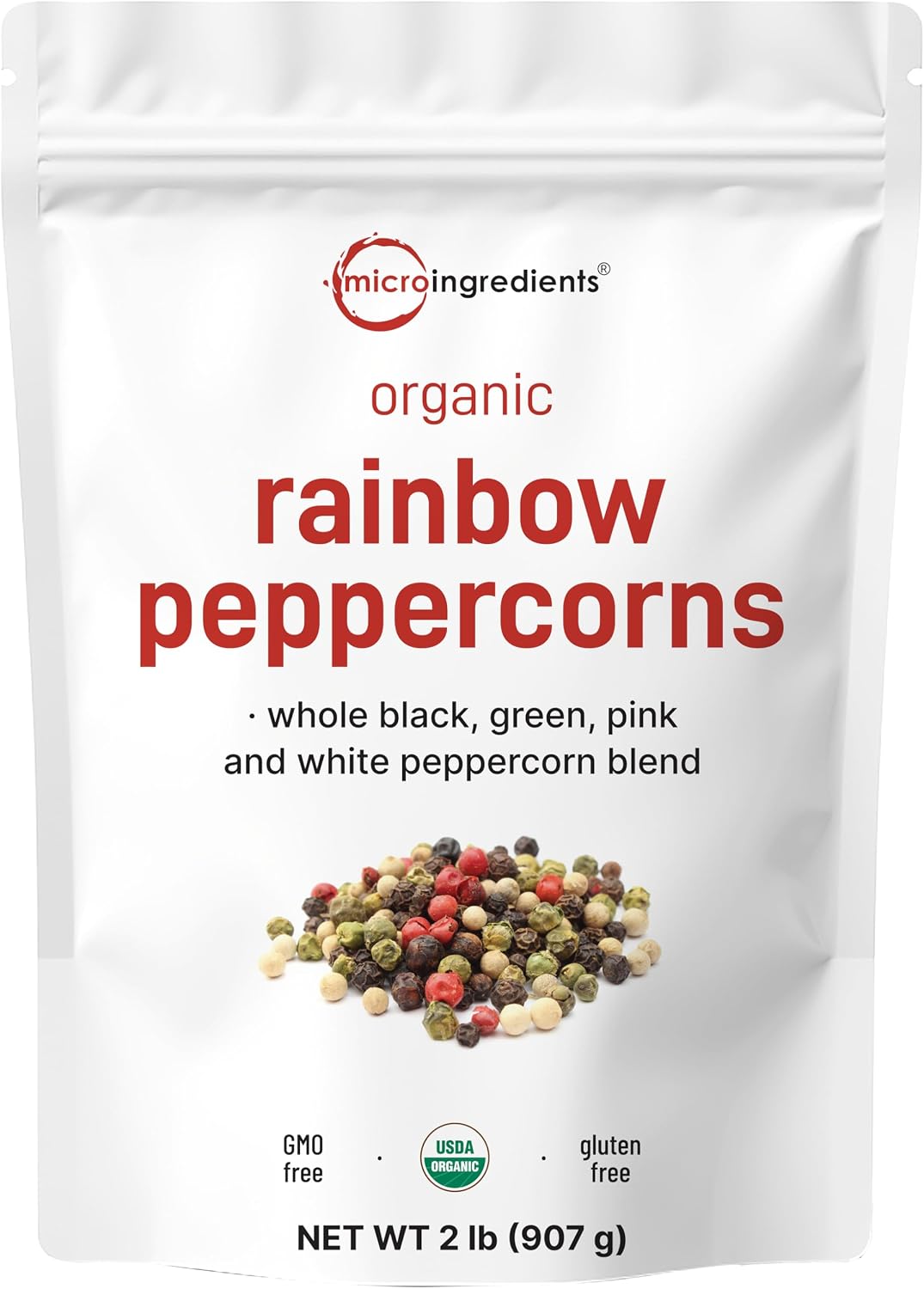 Micro Ingredients organic whole rainbow peppercorns front view package